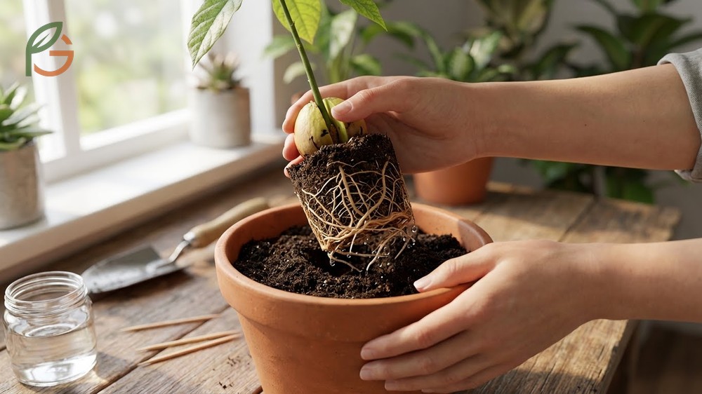Planting sprouted avocado seed in soil requires an 8 to 10 inch pot with good drainage to support the developing root system.
