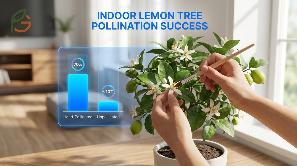 Pollinating indoor lemon trees by hand using a brush to transfer pollen every 2 to 3 days.