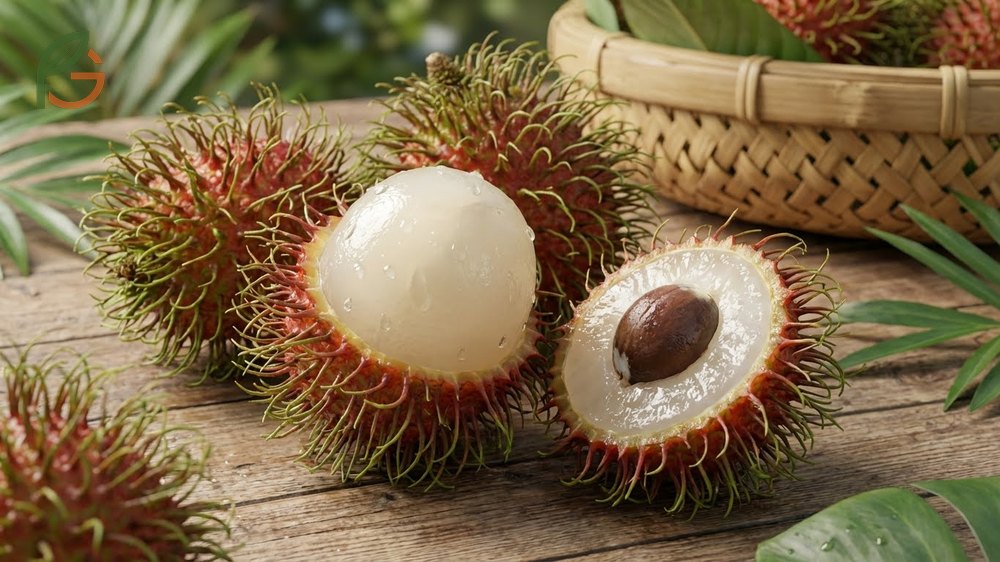 Rambutan texture described as gelatinous and juicy with a smooth mouthfeel similar to a peeled grape.