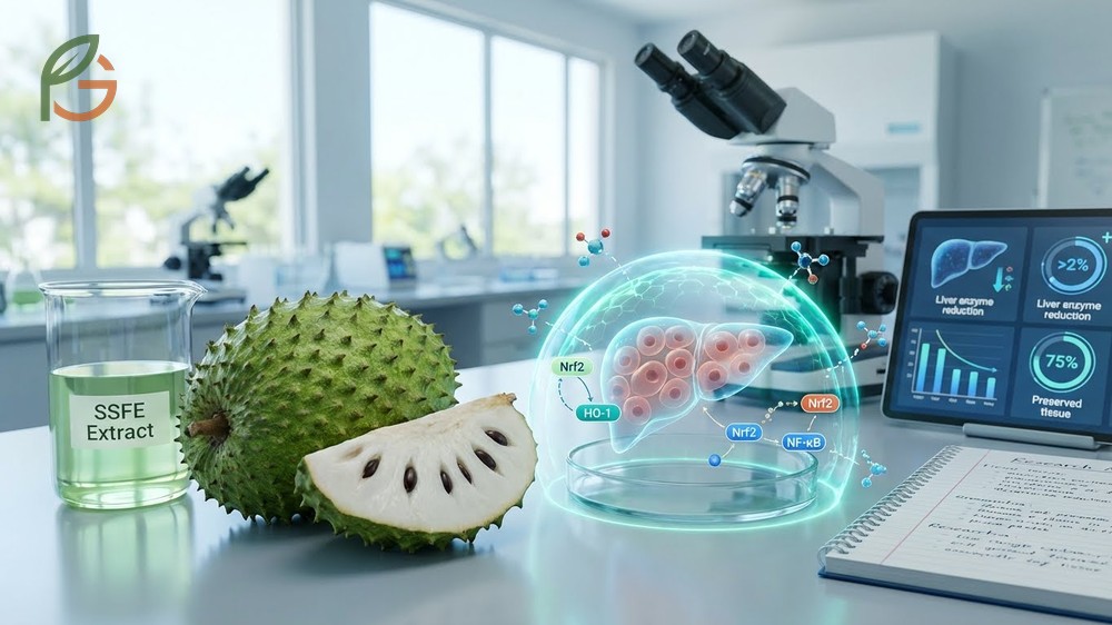 Soursop for liver health illustrating hepatoprotective effects against oxidative stress and improved lipid profiles.
