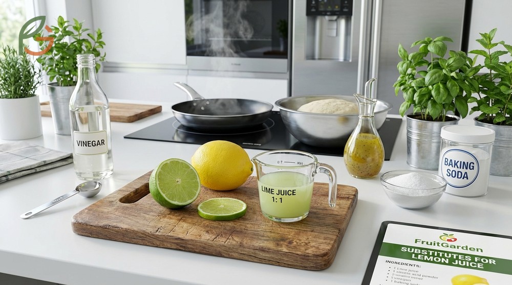 Substitute for lemon juice options include lime juice and vinegar for baking and cooking applications.