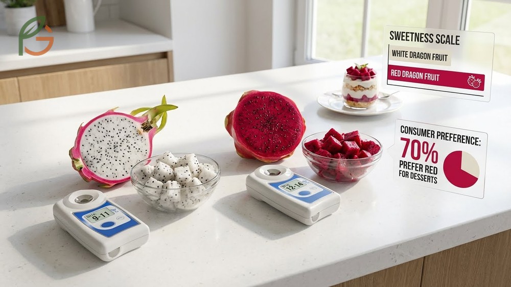 Taste comparison of dragon fruit showing red varieties reach Brix 14 sweetness while white types average Brix 11.