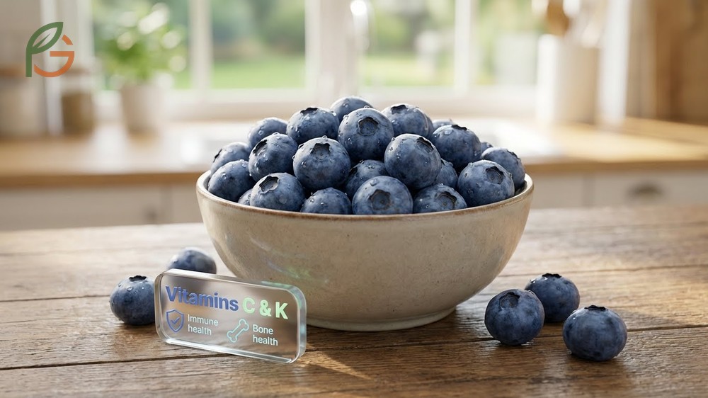 Vitamins in blueberries including 24 percent vitamin C and 36 percent vitamin K per cup.