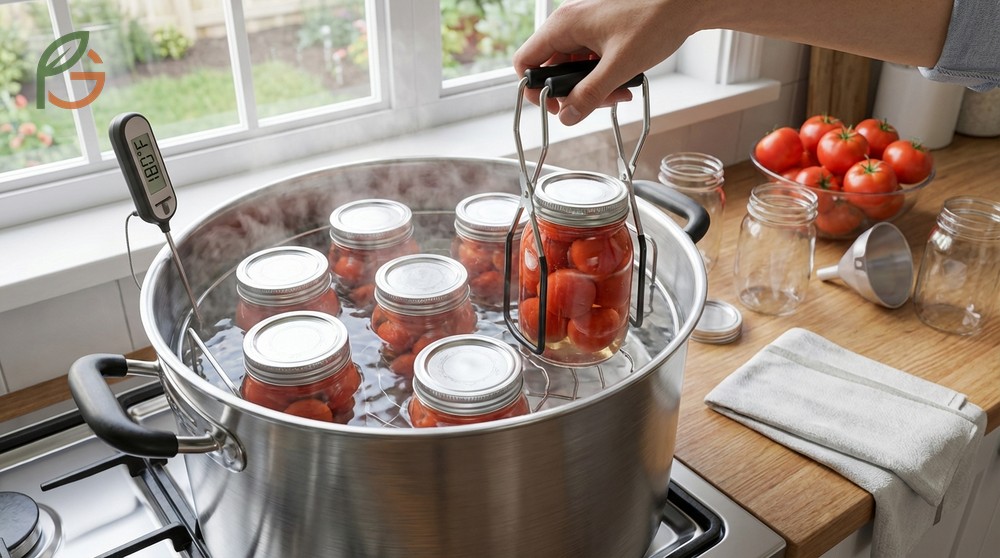 Water bath canning tomatoes process ensures safety by boiling jars to destroy pathogens based on jar size.