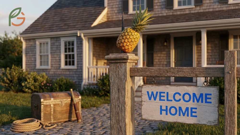 Welcome Sign Pineapple Traditions illustrated by carved wooden motifs on gateposts and doorways.