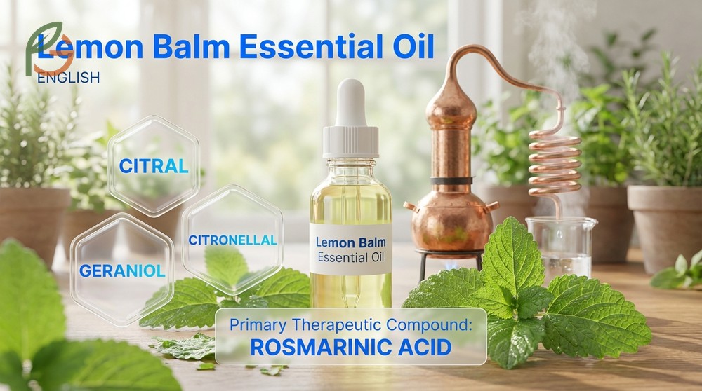 Lemon balm essential oil composition showing 4 percent rosmarinic acid content derived from Melissa officinalis.