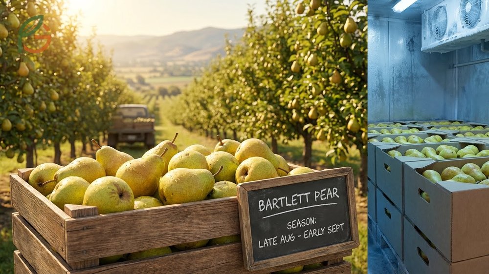 Fresh Bartlett pears hanging on tree branches ready for harvest from late August through September in major growing regions.