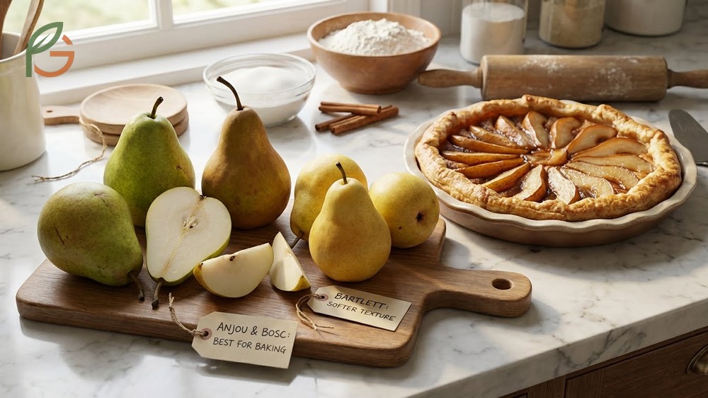 Firm Anjou pear slices holding their shape perfectly in a baked tart compared to softer varieties that break down.