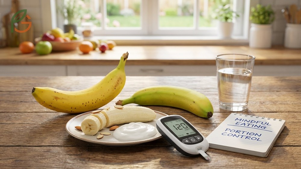 Bananas and diabetes management tips using portion control and protein pairing to stabilize blood glucose levels.