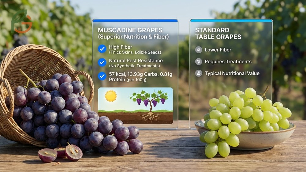 Benefits of muscadine grapes offer 3.9g of dietary fiber per 100g serving to support digestive health.