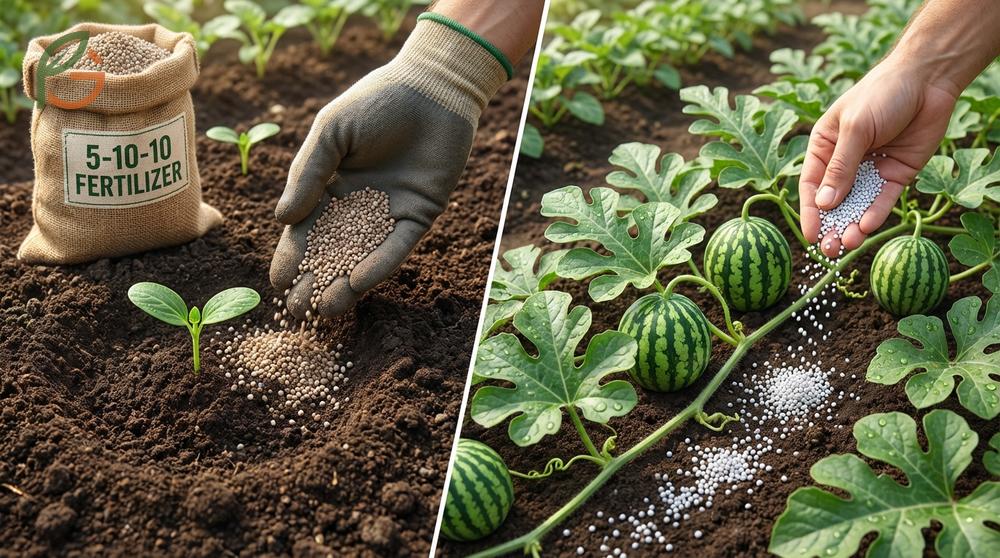 Best fertilizer for watermelon plants involves applying 15 pounds of 5-10-10 mix per 500 square feet before planting.