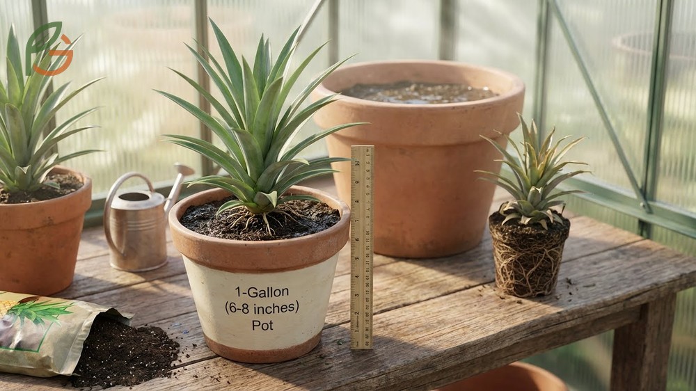 Various pot sizes from one gallon to five gallons displayed for optimal pineapple root development.