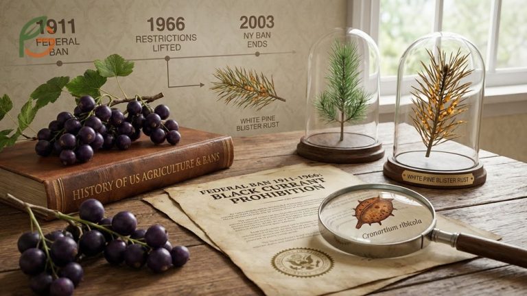Black currant banned in US history explained with federal restrictions from 1911 to 1966 due to white pine blister rust.