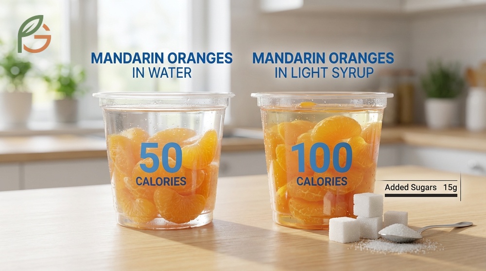 Calories in mandarin orange fruit cup range from 50 to 100 depending on water versus syrup packing methods.