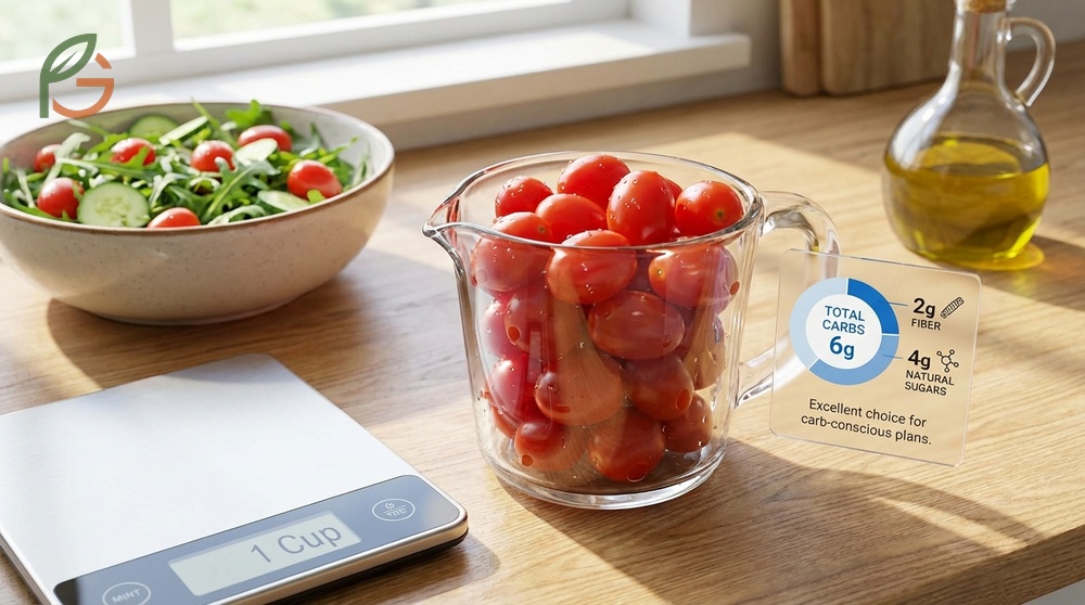 Carbs in grape tomatoes breakdown with 6g total carbohydrates and 2g fiber per cup serving.
