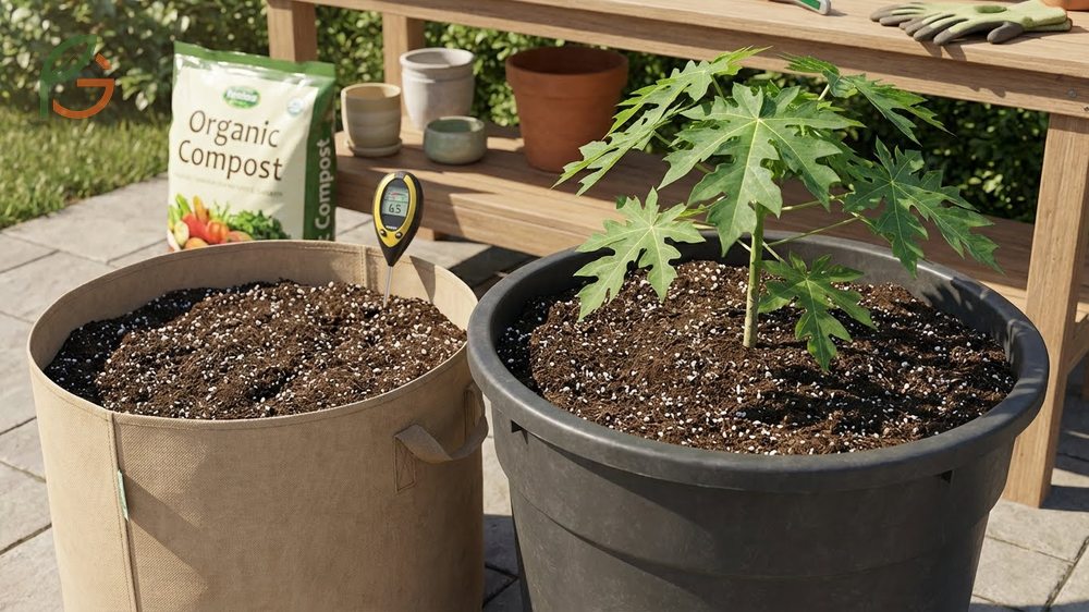 Container papaya growing requires a well draining soil mix with perlite and compost for healthy roots.