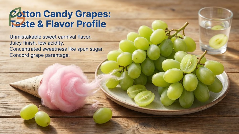 The flavor profile of cotton candy grapes features concentrated sweetness with low acidity and a clean vanilla like finish.