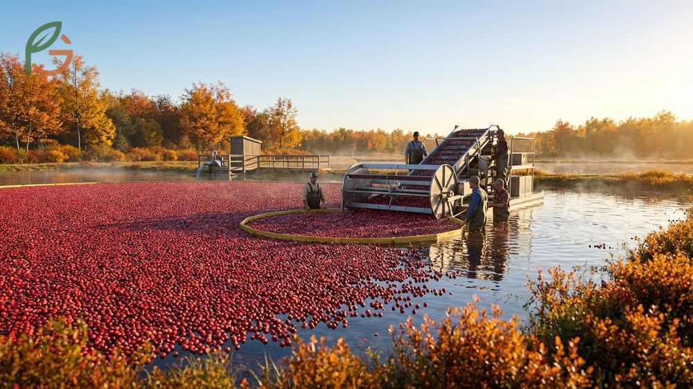 Cranberry bog flooding involves pumping water 6 to 12 inches deep for harvest and winter protection.