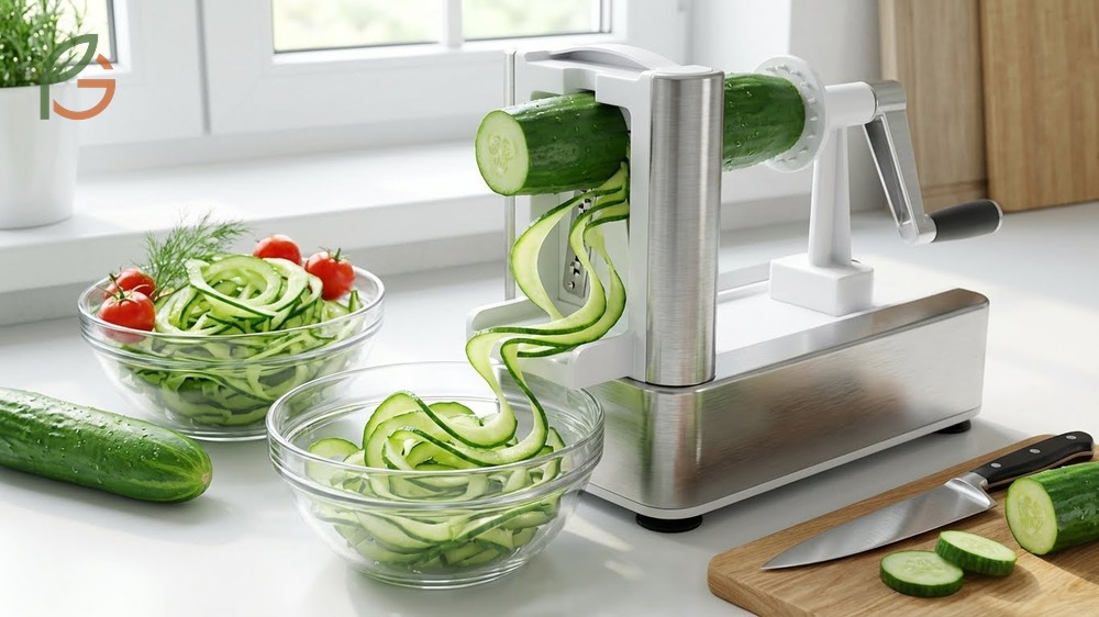How to cut cucumber spirals uses a spiralizer tool to create low carb noodles or decorative garnishes for fresh salads.