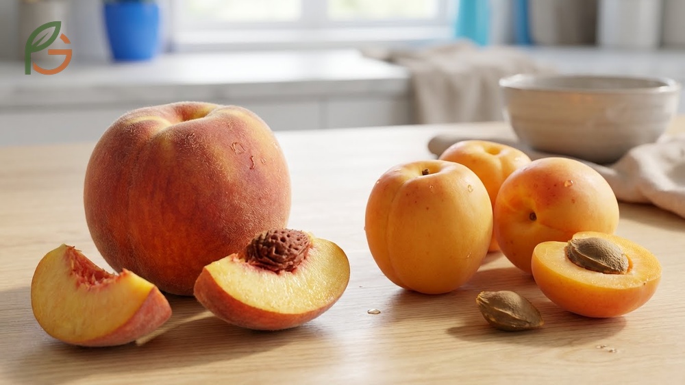 Difference between peach and apricot fruit focusing on skin texture, size at harvest, and pit characteristics.