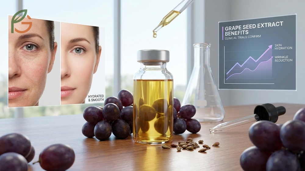 Grape seed extract benefits for skin include improved hydration and reduced wrinkle depth over 12 weeks.