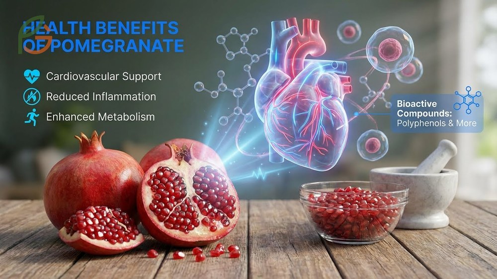 Health benefits of pomegranate fruit demonstrating reduced inflammation and improved heart health markers.
