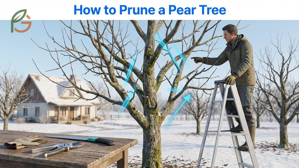 How to prune a pear tree using sharp bypass shears to remove dead wood and crossing branches systematically.