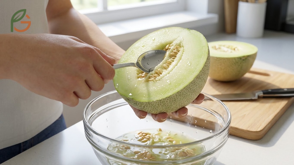 How to remove honeydew seeds by scraping the center cavity with a spoon to clear stringy membranes.