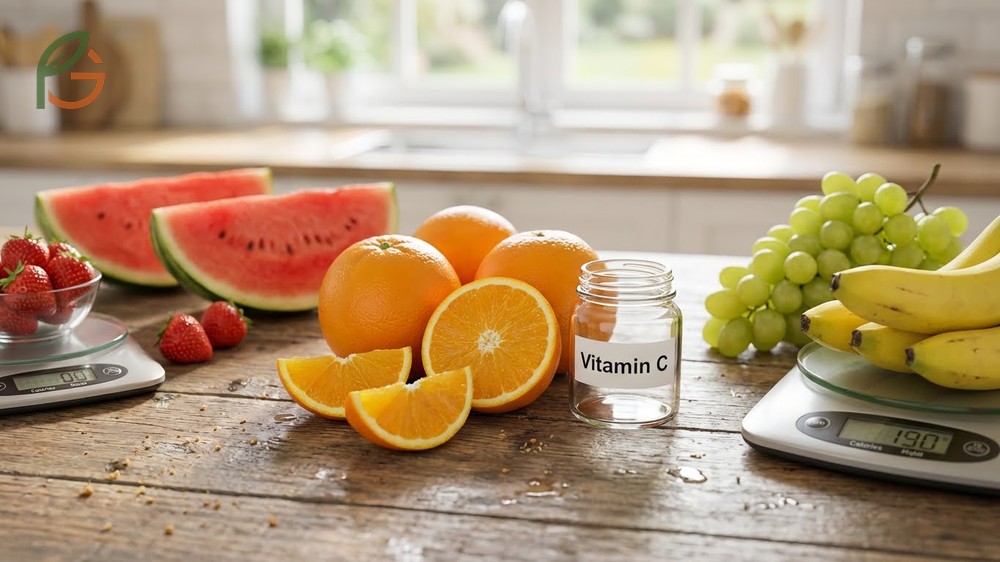 Low calorie fruit comparisons place oranges at 47 calories per 100g which is higher than watermelon.