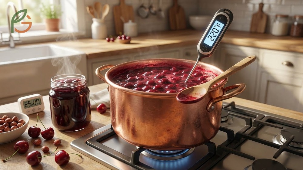 Simmering cherries and sugar until reaching 220 degrees Fahrenheit to naturally thicken without added pectin.