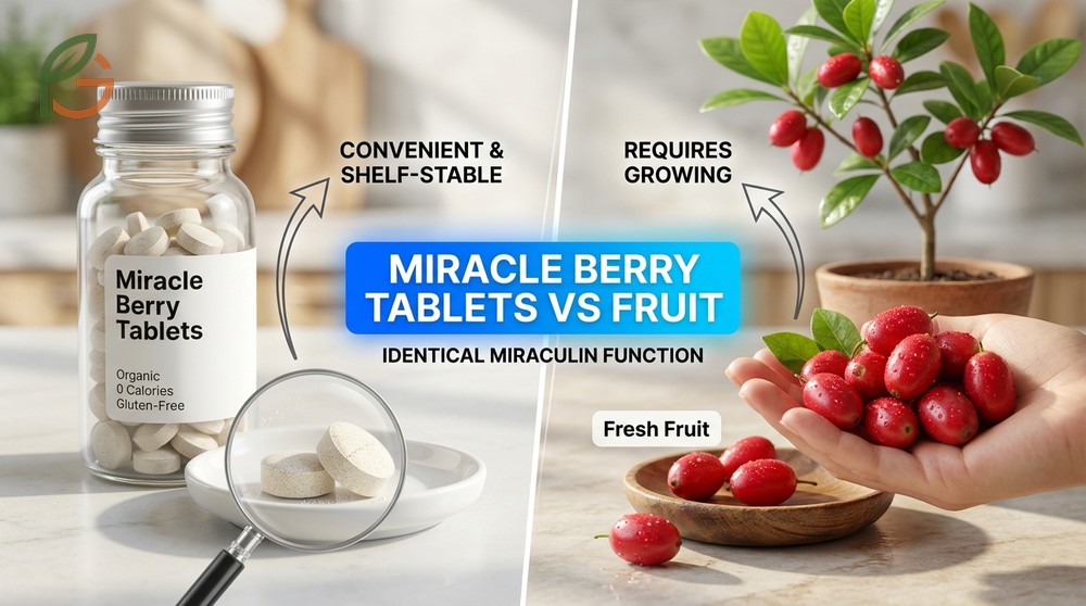 Miracle berry tablets offer a shelf-stable alternative to fresh fruit with similar taste-altering effectiveness.