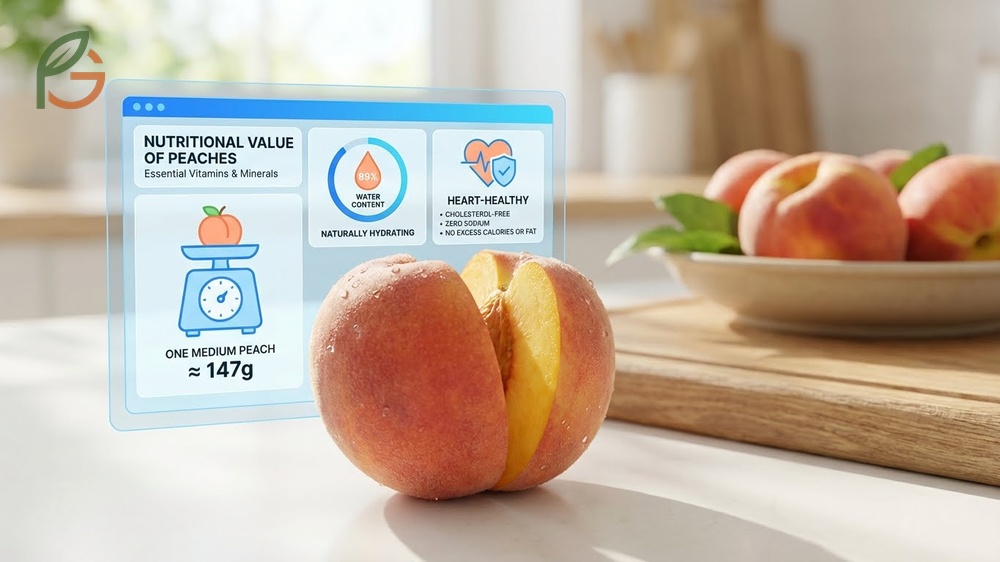 Nutritional value of peaches including 15 percent daily vitamin C and beneficial potassium in a low calorie fruit.