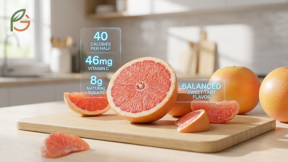 Pink grapefruit nutrition facts highlighting 40 calories per half fruit plus 46mg of vitamin C for immune support.
