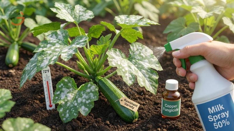 Powdery mildew on zucchini appears as white patches on leaves and thrives in humid temperatures between 60 and 80 degrees.