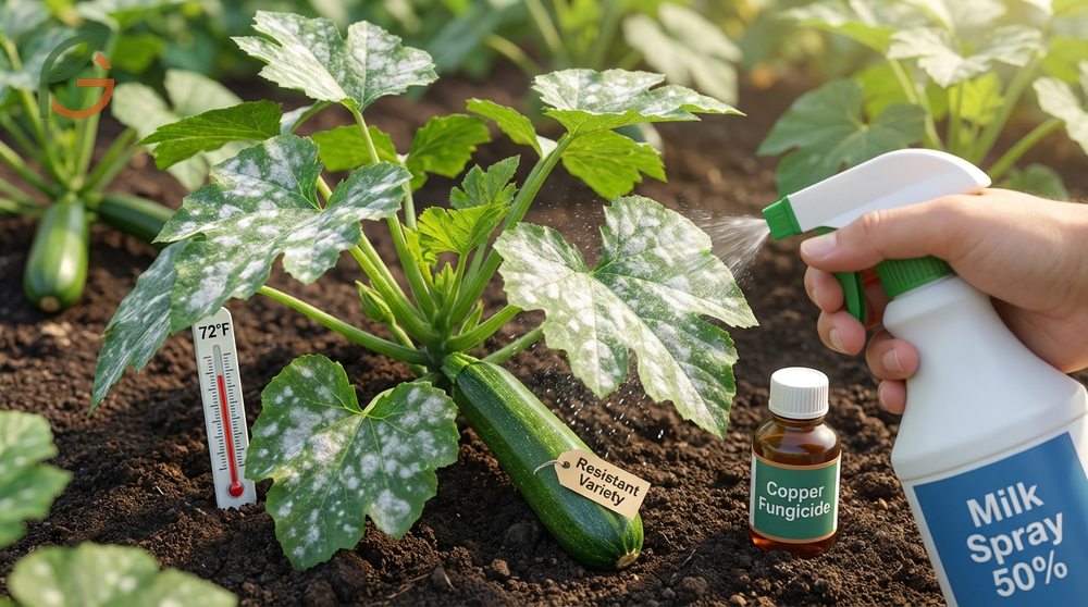 Powdery mildew on zucchini appears as white patches on leaves and thrives in humid temperatures between 60 and 80 degrees.