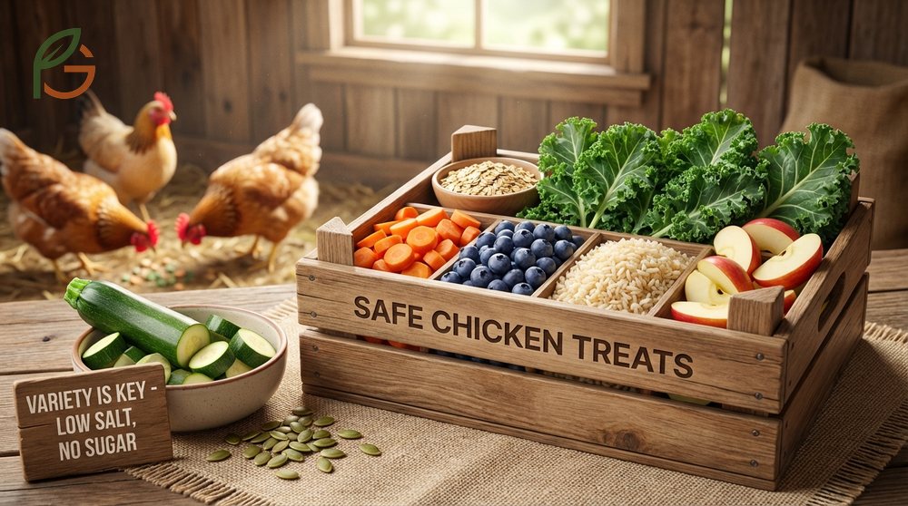 Safe chicken treats should not exceed 10 percent of the daily diet to maintain protein levels for egg production.