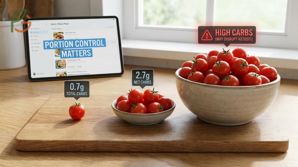 Serving size for keto suggesting 5 to 10 cherry tomatoes to stay under daily carb limits.