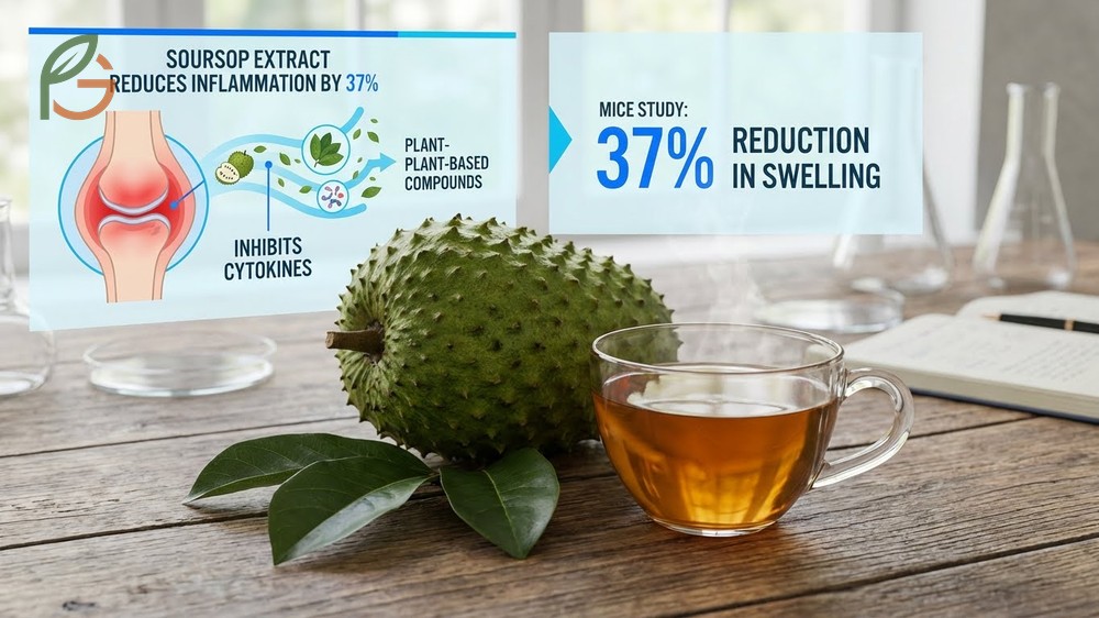Soursop for pain relief demonstrating 37 percent reduction in inflammation and swelling in joint tissues via cytokine inhibition.