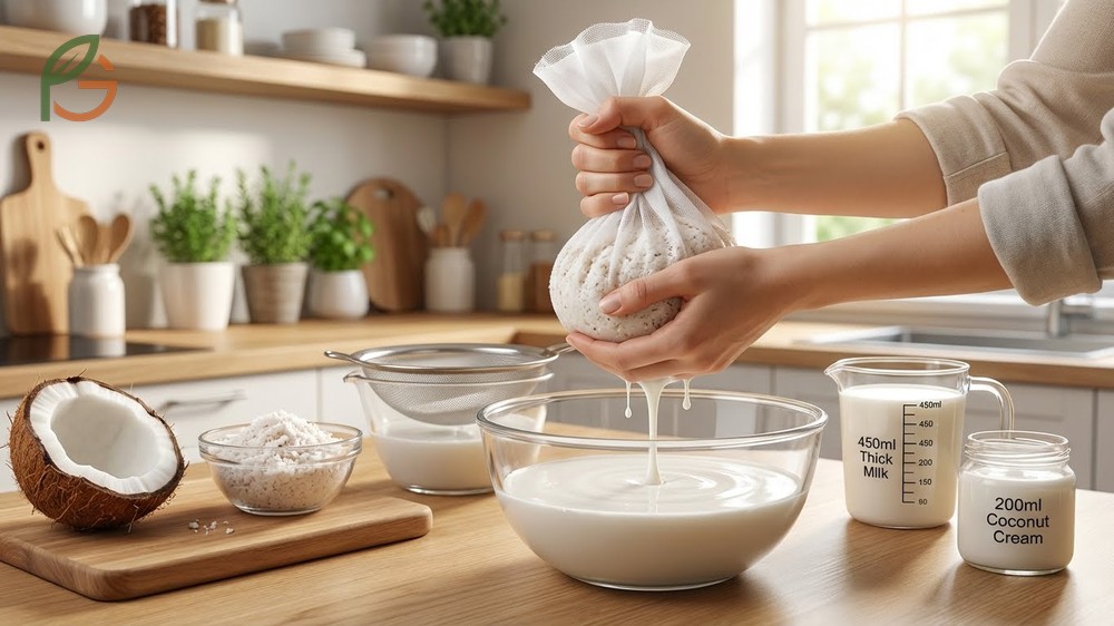 Straining coconut milk using cheesecloth or nut milk bags to separate the smooth liquid from fibrous pulp.