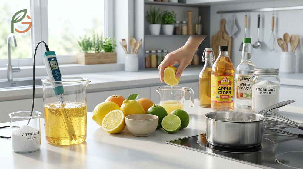 Substitute for lemon juice requires matching the pH level of 2.0 to 3.1 using acidic ingredients like vinegar.