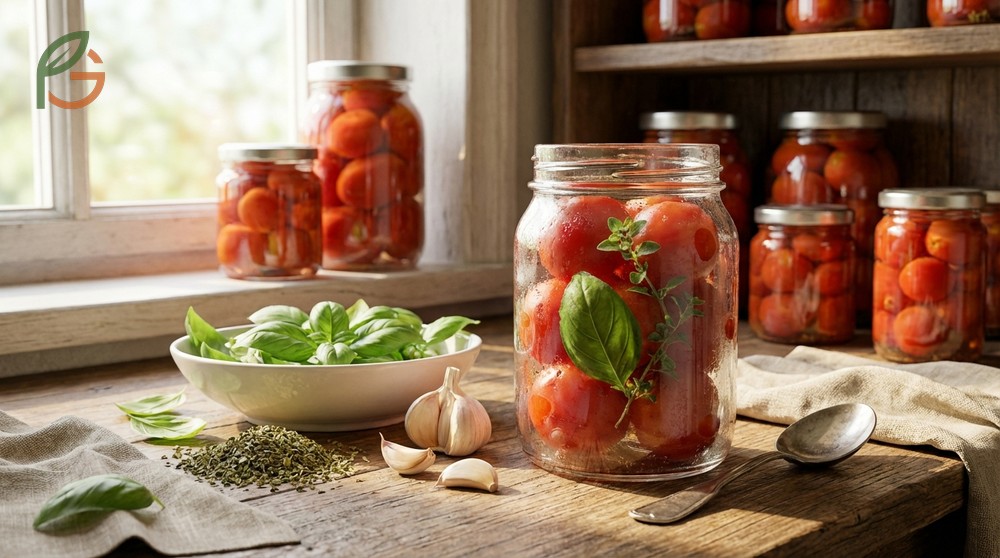 Tomato canning recipe variations allow adding basil or garlic without changing the critical acid to tomato ratio.
