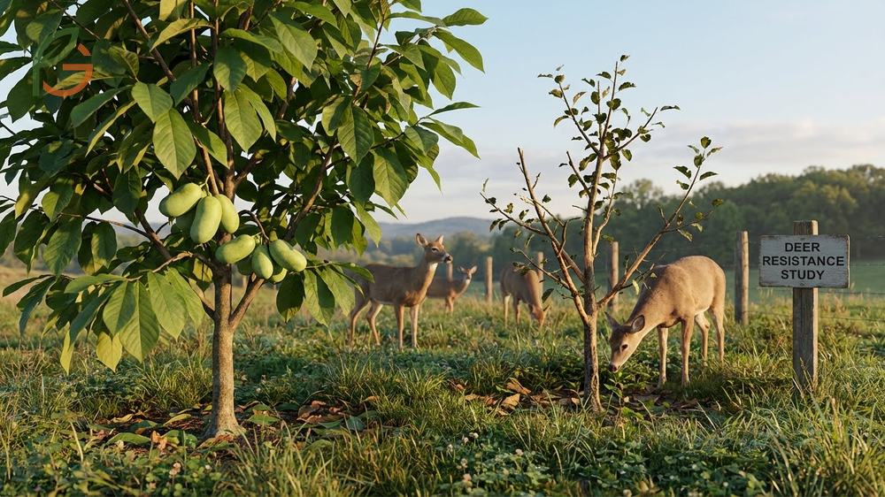 Deer resistant fruit trees include pawpaws with acetogenins and fig trees with latex sap that deter white-tailed deer feeding.