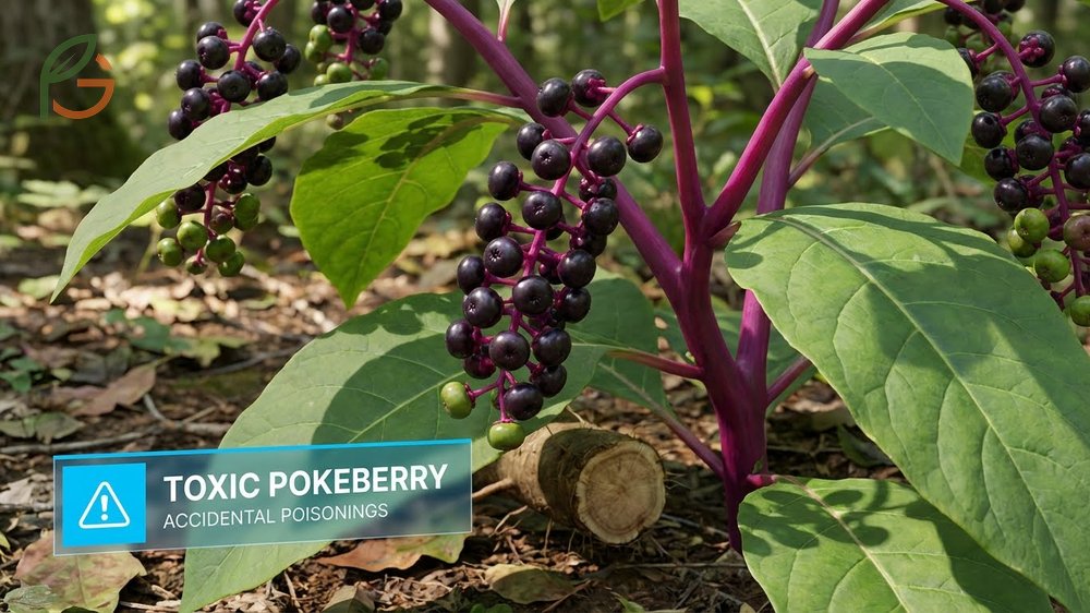 Toxic pokeberry identification features include bright magenta stems and drooping berry clusters.