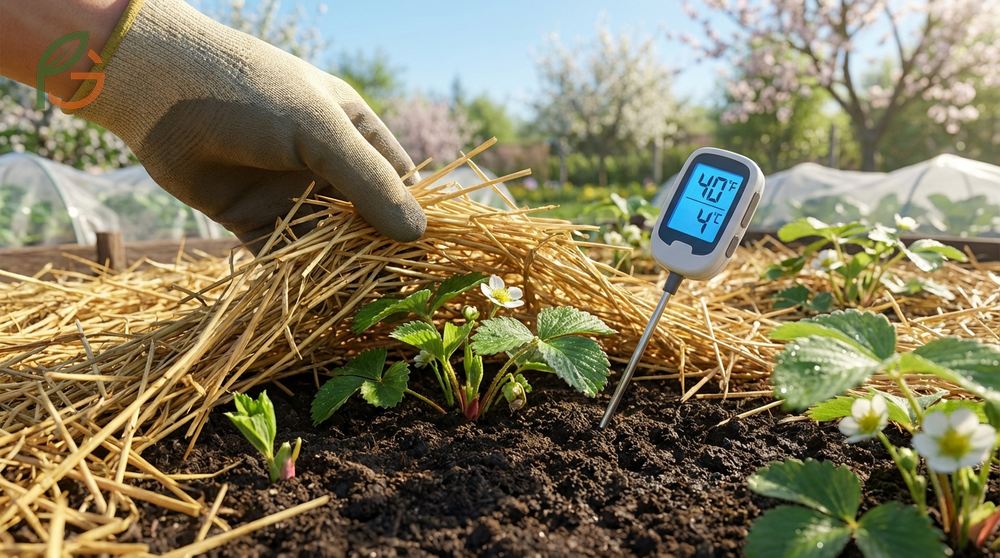When to uncover strawberry plants in spring once soil temperatures reach 40 degrees Fahrenheit and new growth appears.