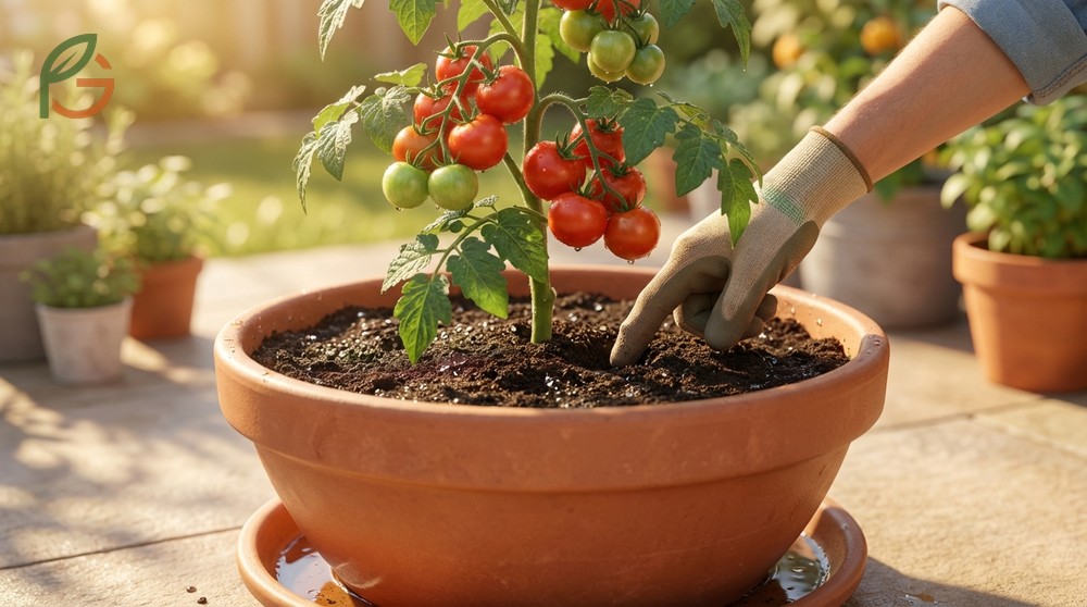 Watering potted tomatoes requires checking moisture daily and adding water when the top 2 inches of soil feel dry to the touch.