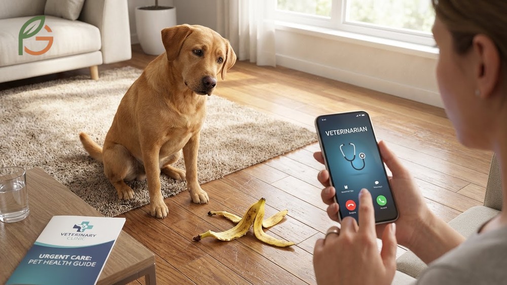 Veterinary advice steps to take immediately if a dog accidentally swallows a banana peel.