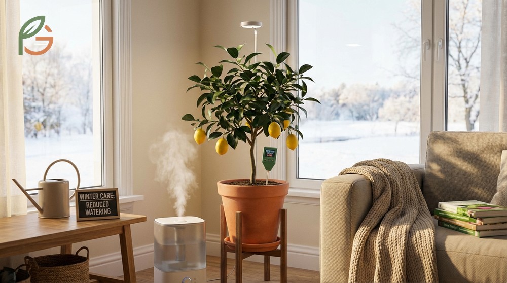 Winterizing indoor lemon trees by reducing water frequency and maintaining 55 degree nights.