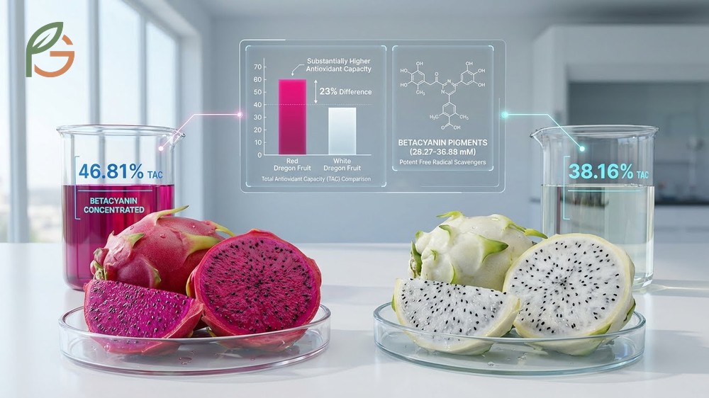 Antioxidant levels in dragon fruit with red flesh displaying 46 percent capacity compared to 38 percent in white flesh.