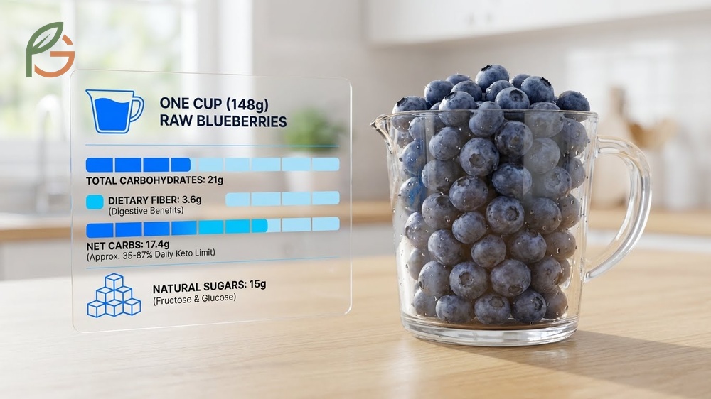 Blueberry carb content breakdown highlighting 21g total carbs and 17g net carbs per full cup serving size.