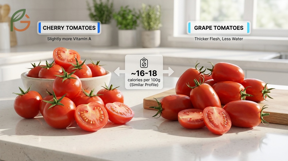 Cherry vs grape tomatoes nutrition comparison highlighting skin thickness and 16 to 18 calories per 100g.